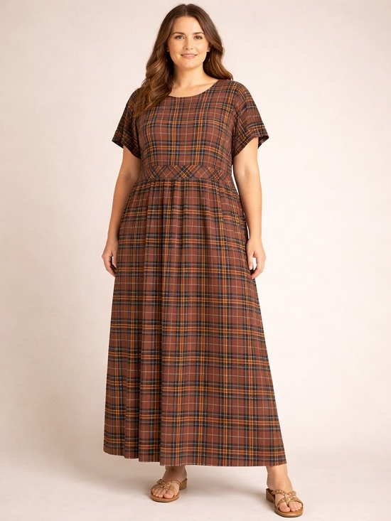 torrid Dresses & Skirts - Torrid midi dress size 3X brown/black plaid short sleeves stretch jersey cottage